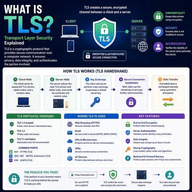 TLS securing communication between a client and server through encryption, authentication, certificate exchange.