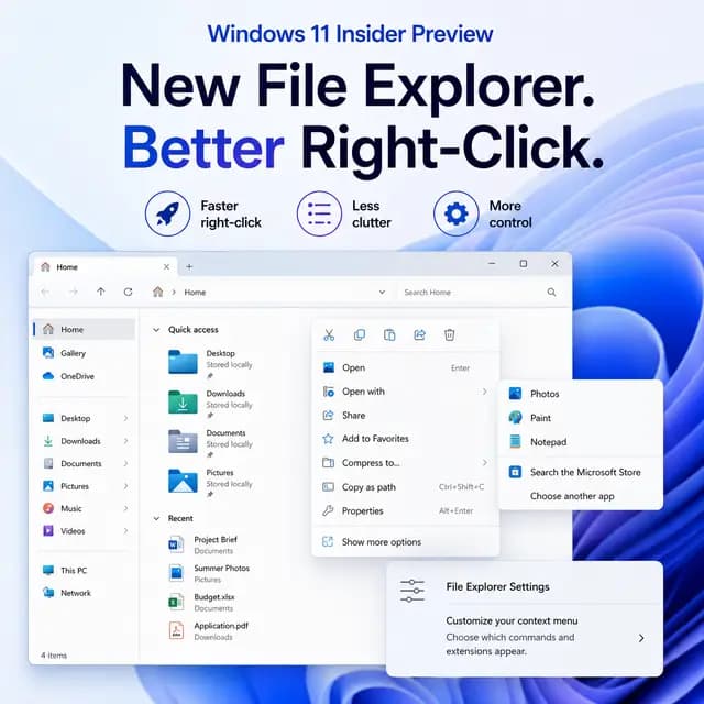 Windows 11 Insider Preview cover showing a redesigned File Explorer and streamlined right-click context menu, highlighting faster performance, less clutter, and new controls for commands and app extensions.