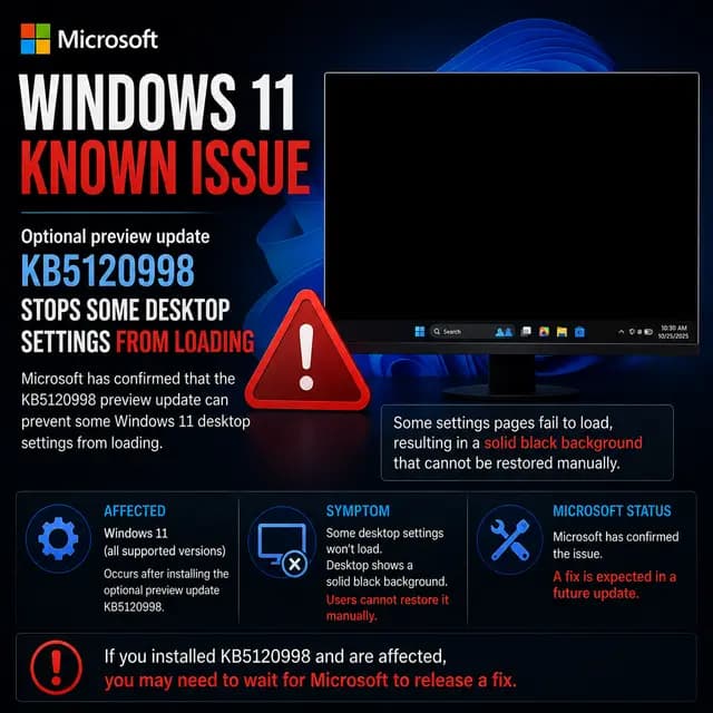 Square Windows 11 news cover warning that the optional KB5120998 preview update can prevent desktop settings from loading and leave users with a solid black background that cannot be restored manually.