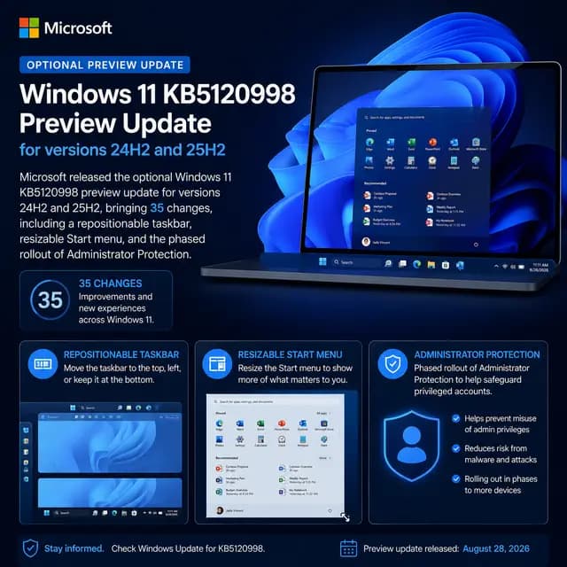 Square Windows 11 cover highlighting the optional KB5120998 preview update for versions 24H2 and 25H2, featuring 35 changes including a repositionable taskbar, resizable Start menu, and phased rollout of Administrator Protection.