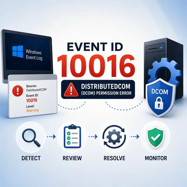 Windows Event ID 10016 for a DistributedCOM permission error, with DCOM security, warning, troubleshooting.