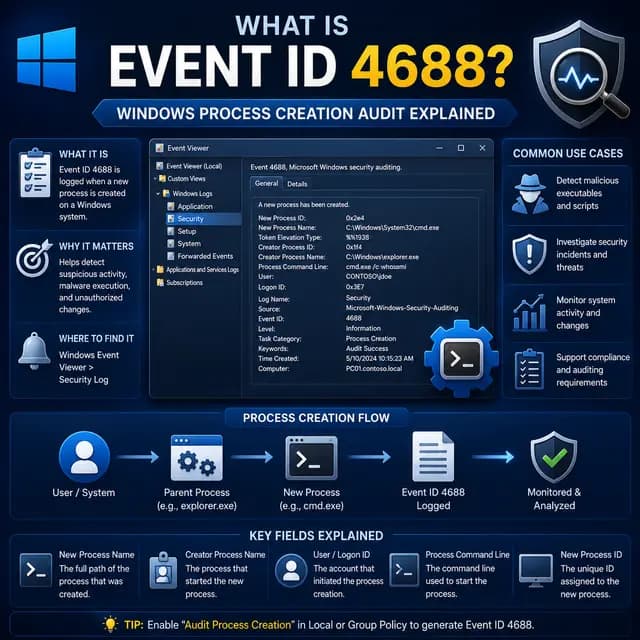 Windows Event ID 4688 for process creation auditing, with Event Viewer, command execution, parent and child processes.