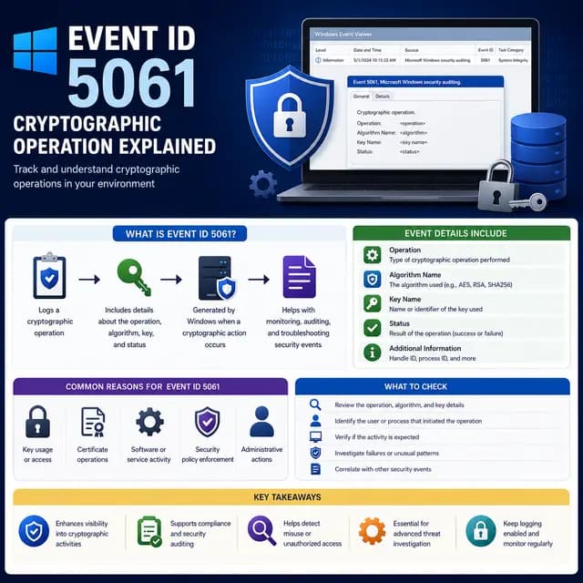 Square explainer cover showing Windows Event ID 5061 for a cryptographic operation, with Event Viewer, encryption keys, certificates, algorithms, security auditing, and monitoring visuals.
