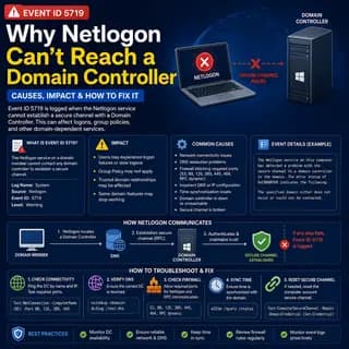 Windows Event ID 5719, where the Netlogon service cannot establish a secure channel with a domain controller, with DNS.