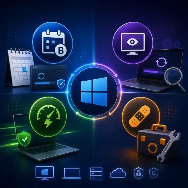 Square explainer cover illustrating Windows monthly update types with symbols for B releases, preview updates, hotpatching, and out-of-band fixes around a central Windows icon.