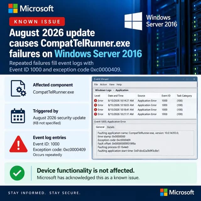 Windows Server console showing an Application Error event in Event Viewer