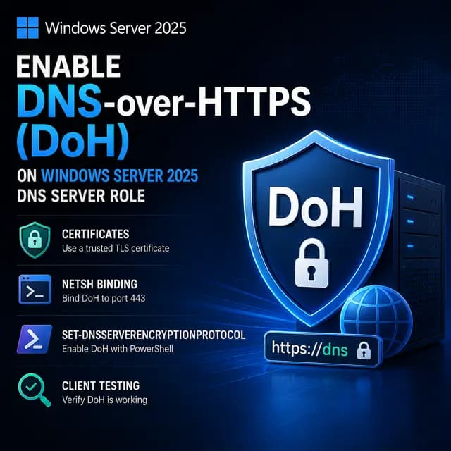 Square Windows Server 2025 tutorial cover showing how to enable DNS-over-HTTPS (DoH) on the DNS Server role using a TLS certificate, netsh binding, PowerShell configuration, and client testing.
