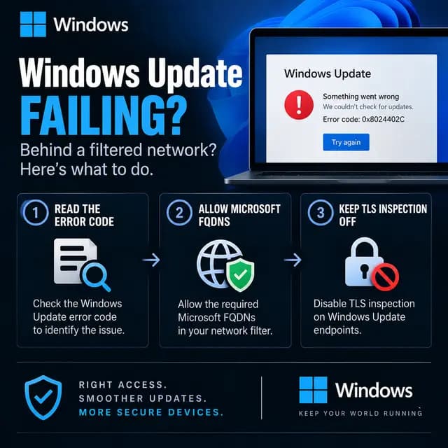 Square Windows troubleshooting cover showing how to fix Windows Update failures behind a filtered network by checking the error code, allowing required Microsoft FQDNs, and disabling TLS inspection for update endpoints.