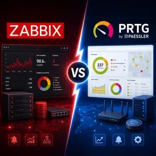 Zabbix and PRTG network monitoring dashboards, with servers, routers, alerts, performance charts, and a central versus symbol.