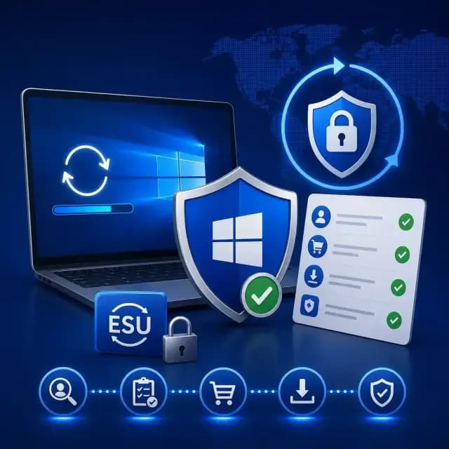 Windows 10 Extended Security Updates enrollment, with a secured laptop, update progress, eligibility checks, purchase.