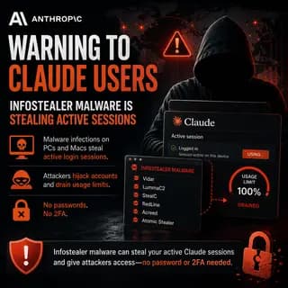 Laptop screen showing a Claude login page next to a malware warning icon