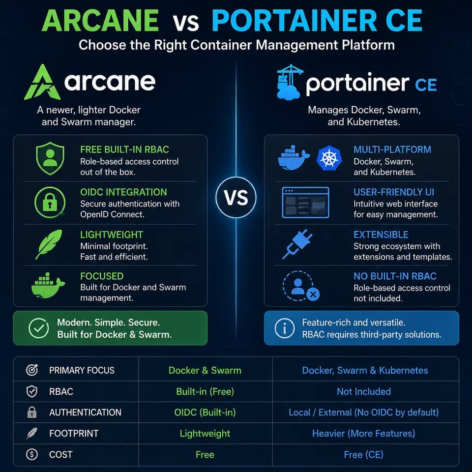 Square comparison cover contrasting Arcane and Portainer CE for container management, highlighting Arcane’s lightweight Docker and Swarm focus with free built-in RBAC and OIDC versus Portainer CE’s support for Docker, Swarm, and Kubernetes without built-in RBAC.