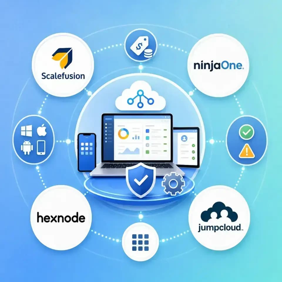 JumpCloud, NinjaOne, Hexnode, and Scalefusion, with Windows, macOS, Android, and mobile platform support icons.