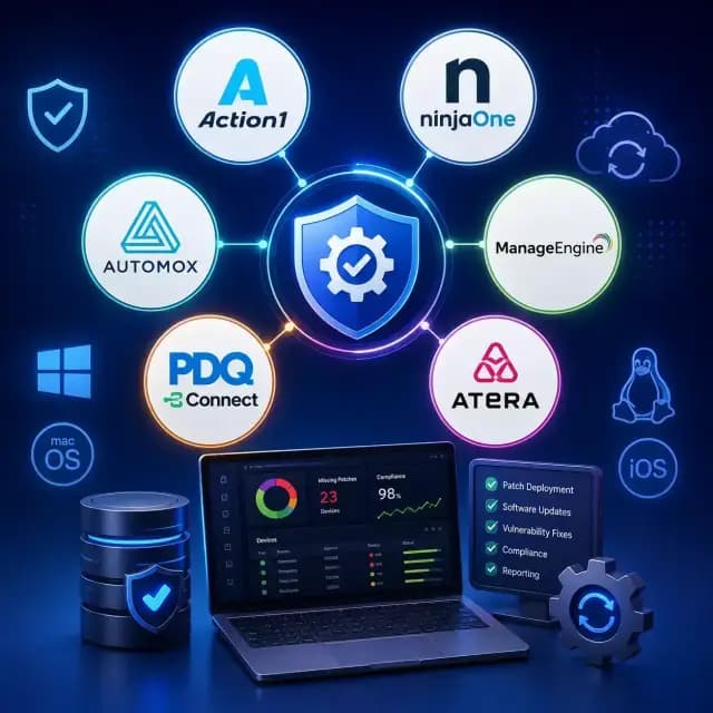 Square comparison cover featuring Action1, NinjaOne, Automox, ManageEngine, PDQ Connect, and Atera logos around a central patch management and security hub, with Windows, macOS, Linux, and iOS platform icons.