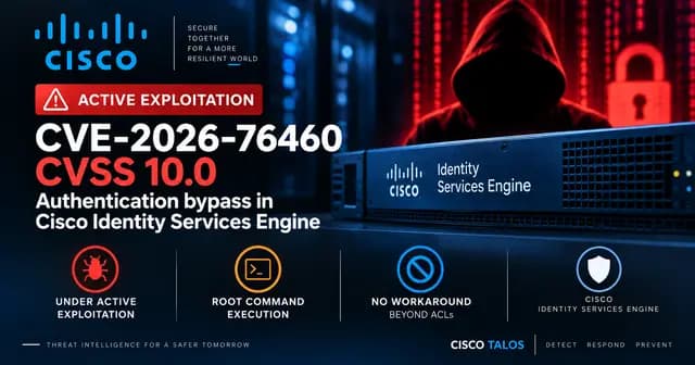 Wide Cisco security news cover highlighting CVE-2026-76460, a CVSS 10.0 authentication bypass in Cisco Identity Services Engine under active exploitation that can lead to root command execution, with ACLs as the only mitigation.