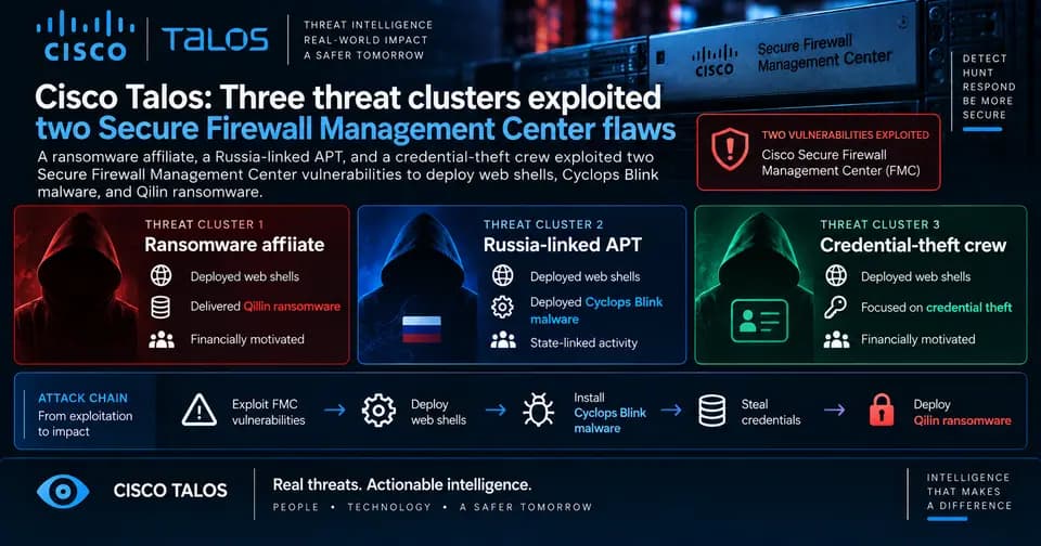 Wide Cisco Talos cybersecurity cover showing three threat clusters exploiting two Secure Firewall Management Center flaws to deploy web shells, Cyclops Blink malware, steal credentials, and deliver Qilin ransomware.