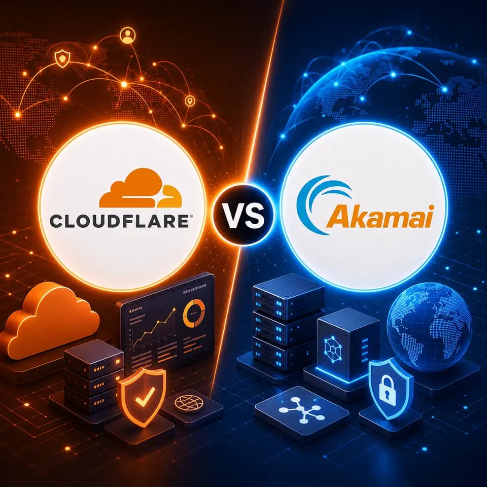 Cloudflare and Akamai, with CDN, edge security, cloud infrastructure, and global network visuals.