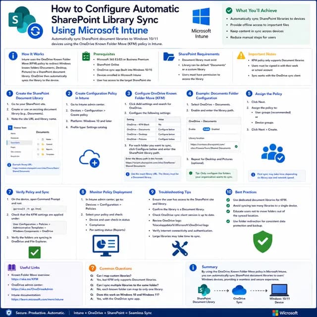 How to configure automatic SharePoint document library sync using Microsoft Intune and OneDrive policies.