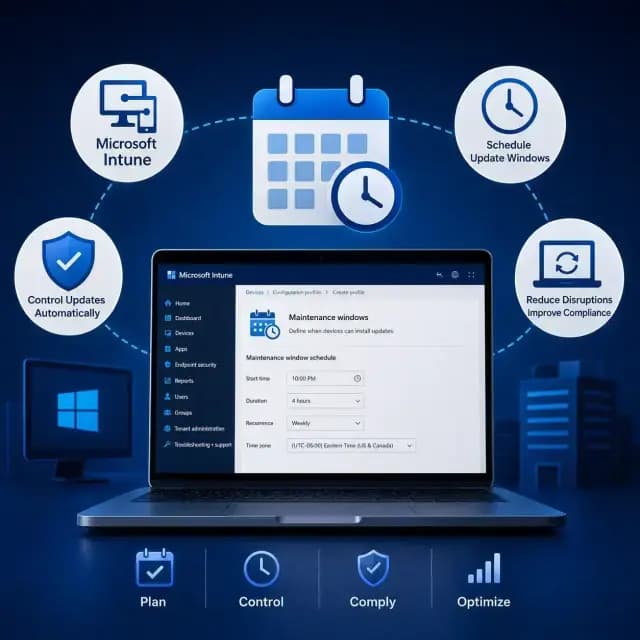 Microsoft Intune maintenance windows configured with a calendar, clock, update scheduling, compliance.