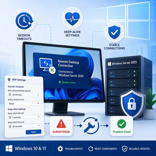 Remote Desktop session timeout and keep-alive settings configured on Windows Server 2025 for stable, secure RDP connections.