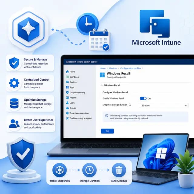 Windows Recall snapshot storage duration configured through Microsoft Intune, with retention scheduling, storage management.