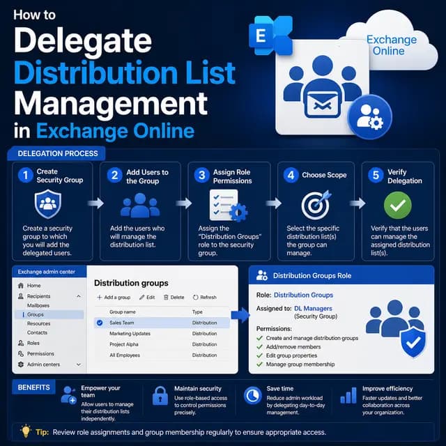 Square tutorial cover showing how to delegate distribution list management in Exchange Online through admin roles, scoped permissions, member assignment, and verification.