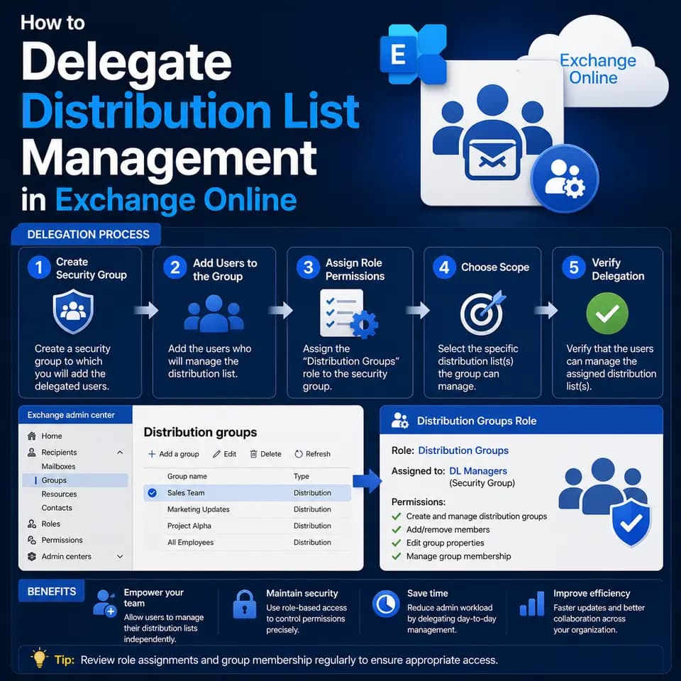 How to delegate distribution list management in Exchange Online through admin roles, scoped permissions, member assignment.
