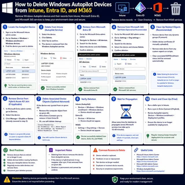 How to delete Windows Autopilot device records from Microsoft Intune, Microsoft Entra ID, and Microsoft 365, with cleanup.