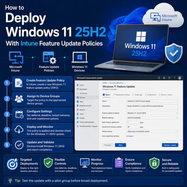 Windows 11 25H2 deployed through Microsoft Intune Feature Update policies, with policy creation, device assignment.
