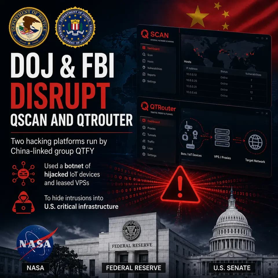 Square cybersecurity cover showing the DOJ and FBI disrupting QScan and QTRouter, two platforms linked to QTFY that used hijacked IoT devices and leased VPS infrastructure to conceal intrusions targeting U.S. critical infrastructure.