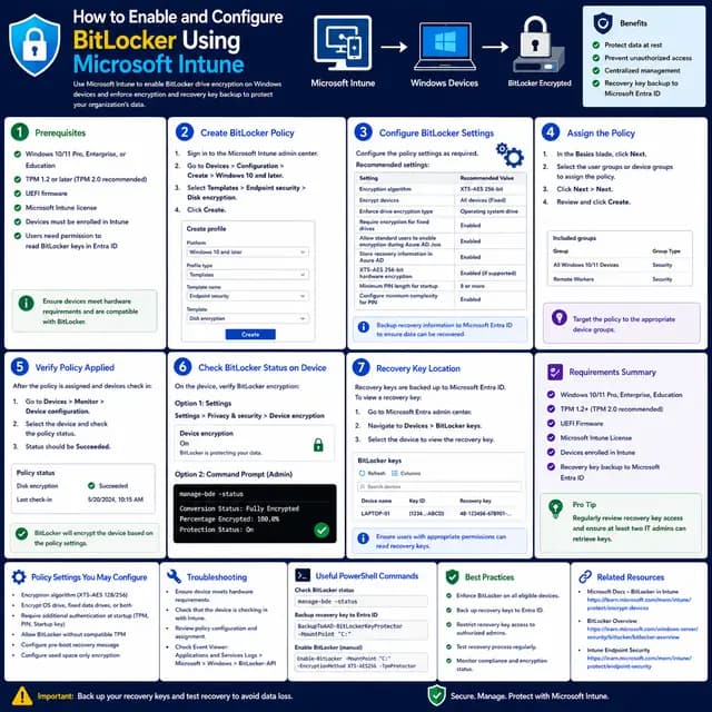 How to enable and configure BitLocker with Microsoft Intune, including encryption policy creation, device assignment.