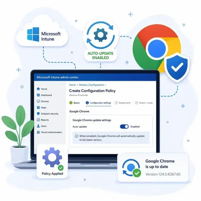 Google Chrome auto-updates enabled through Microsoft Intune, with a configuration policy screen, update icons.