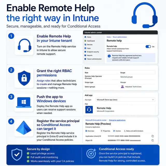 Square Microsoft Intune tutorial cover showing how to enable Remote Help, assign RBAC permissions, deploy the Remote Help app to Windows devices, and register its service principal for Conditional Access.