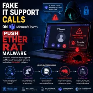 Microsoft Teams call window showing an "External unfamiliar" caller label impersonating IT support