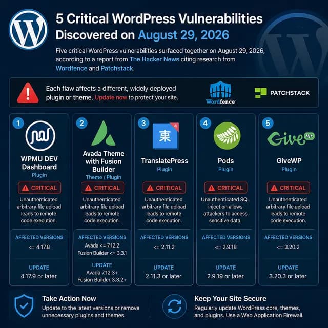 Square WordPress security cover highlighting five critical vulnerabilities affecting WPMU DEV Dashboard, Avada with Fusion Builder, TranslatePress, Pods, and GiveWP, reported on August 29, 2026.