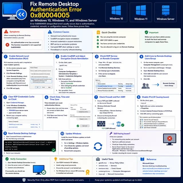 How to fix Remote Desktop authentication error 0x80004005 on Windows 10, Windows 11, and Windows Server, with NLA, CredSSP.
