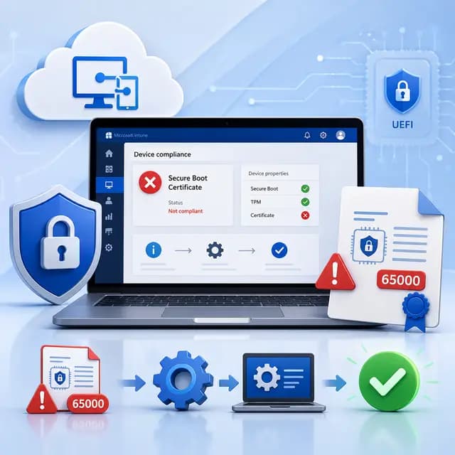 Microsoft Intune Secure Boot certificate compliance error 65000, with UEFI security, remediation.