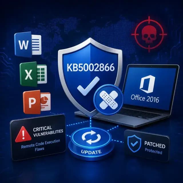 The KB5002866 patch protecting Microsoft Office 2016 applications from two critical remote code execution vulnerabilities.