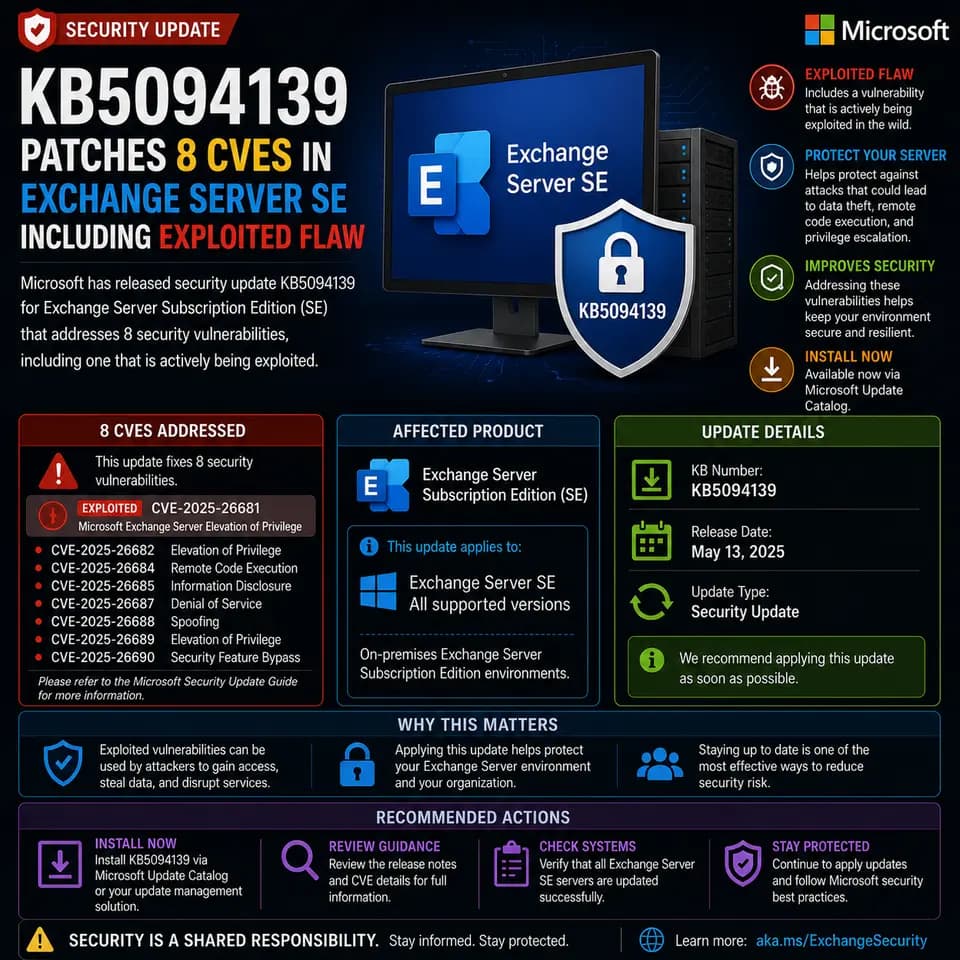 Microsoft update KB5094139, which patches eight vulnerabilities in Exchange Server Subscription Edition.