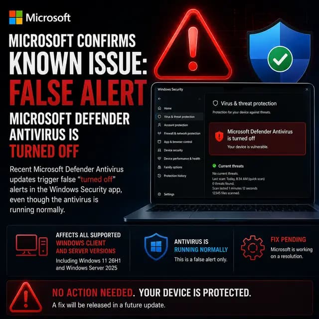 Square Microsoft news cover warning of a known Defender Antivirus false alert that incorrectly says protection is turned off even though the antivirus continues running normally, with a fix still pending.