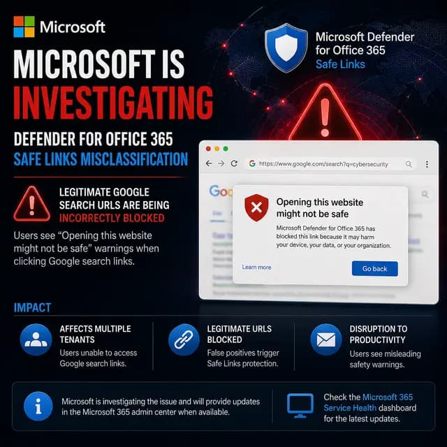 Dark Microsoft news cover showing Defender for Office 365 Safe Links incorrectly blocking legitimate Google search URLs and displaying “Opening this website might not be safe” warnings across affected tenants.