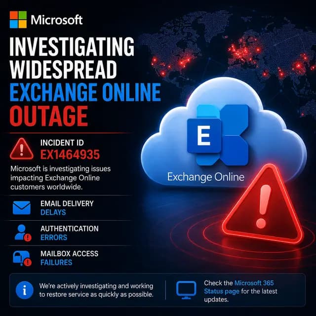 Square Microsoft outage cover showing Exchange Online incident EX1464935, with worldwide email delivery delays, authentication errors, and mailbox access failures while Microsoft investigates.
