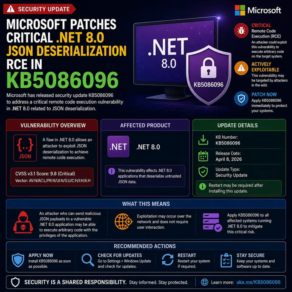 Illustration for Microsoft Patches Critical .NET 8.0 JSON Deserialization RCE in KB5086096