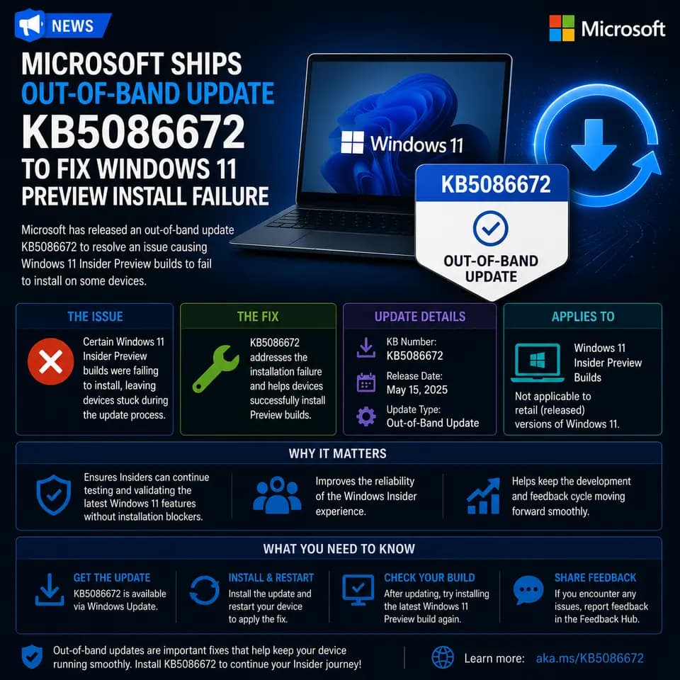 Microsoft out-of-band update KB5086672, which fixes an Insider Preview installation failure.
