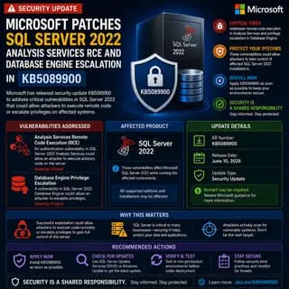 Microsoft update KB5089900, which patches a critical SQL Server 2022 Analysis Services remote code execution flaw and a.