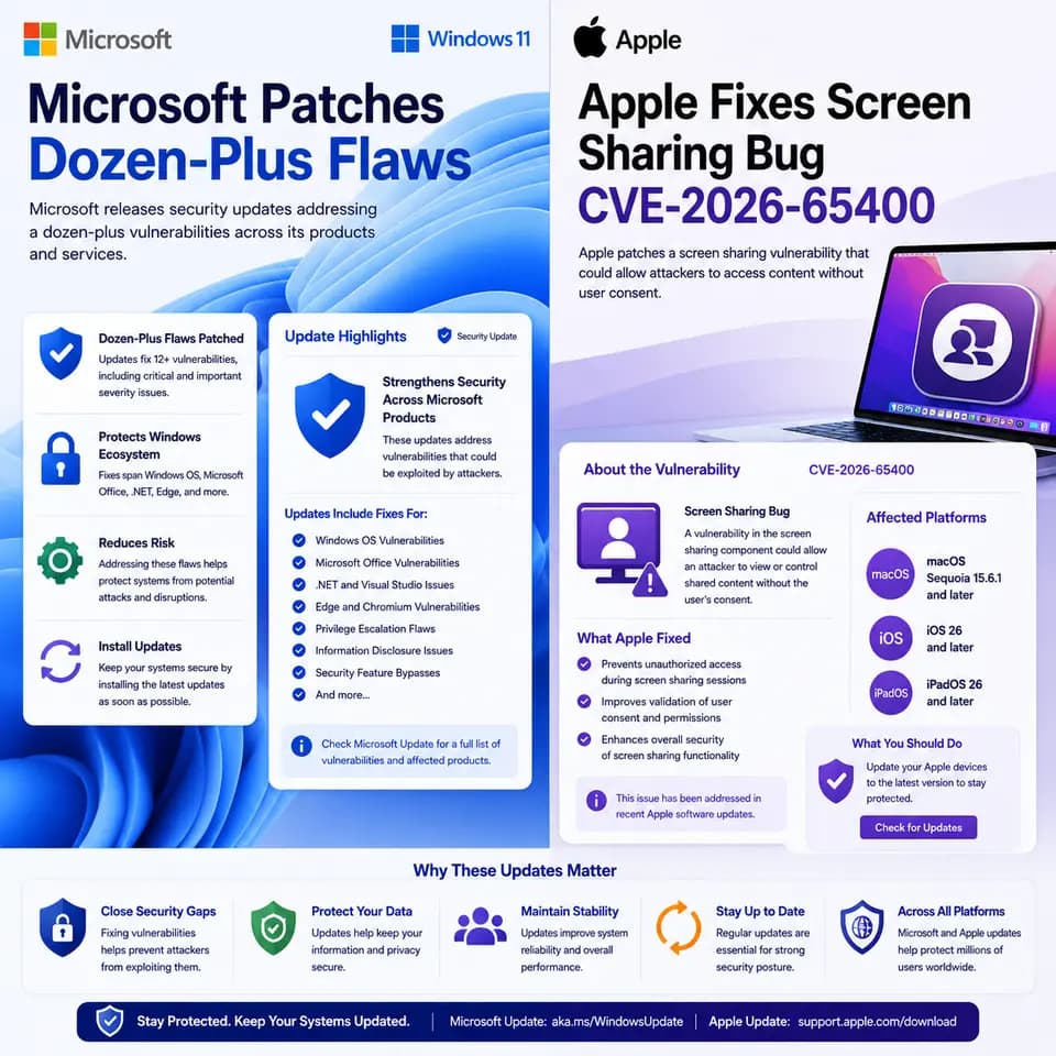 Split cybersecurity infographic showing Microsoft patching more than a dozen security vulnerabilities across Windows.