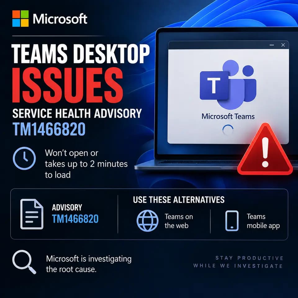 Square Microsoft Teams news cover warning of desktop client issues under service advisory TM1466820, causing the app to fail to open or take up to two minutes to load, with web and mobile recommended as alternatives.