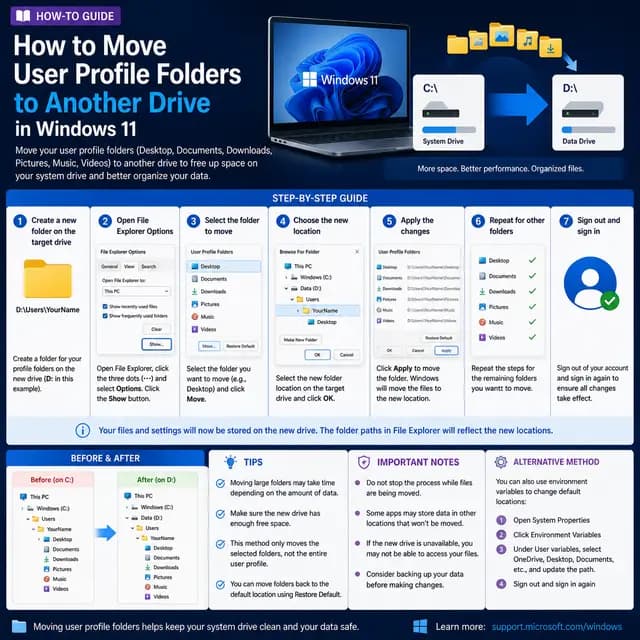 Windows 11 user profile folders moved from the system drive to another drive, with folder relocation, storage management.