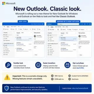 Side-by-side comparison of New Outlook interface after applying the Classic Outlook-style theme