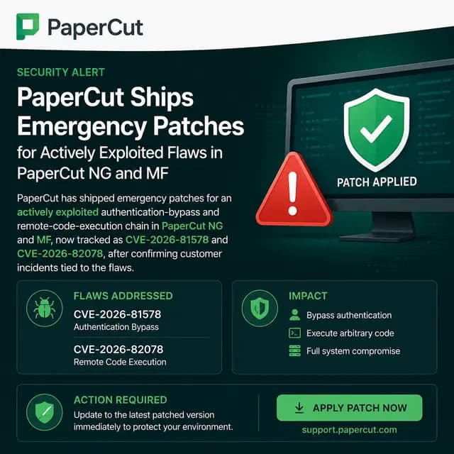 Square PaperCut security alert cover announcing emergency patches for actively exploited authentication-bypass and remote-code-execution vulnerabilities CVE-2026-81578 and CVE-2026-82078 affecting PaperCut NG and MF.